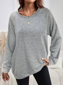 EMERY ROSE Women's Plain Round Neck Raglan Sleeve Casual Sweatshirt - Light Grey - View 1