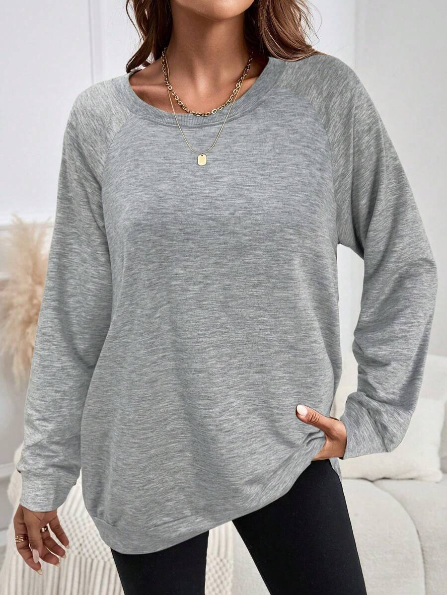 EMERY ROSE Women's Plain Round Neck Raglan Sleeve Casual Sweatshirt - Light Grey - View 1