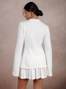 COSMINA 2pcs Women's Solid Color Front Button Up Blouse And Skirt Set - White - View 2