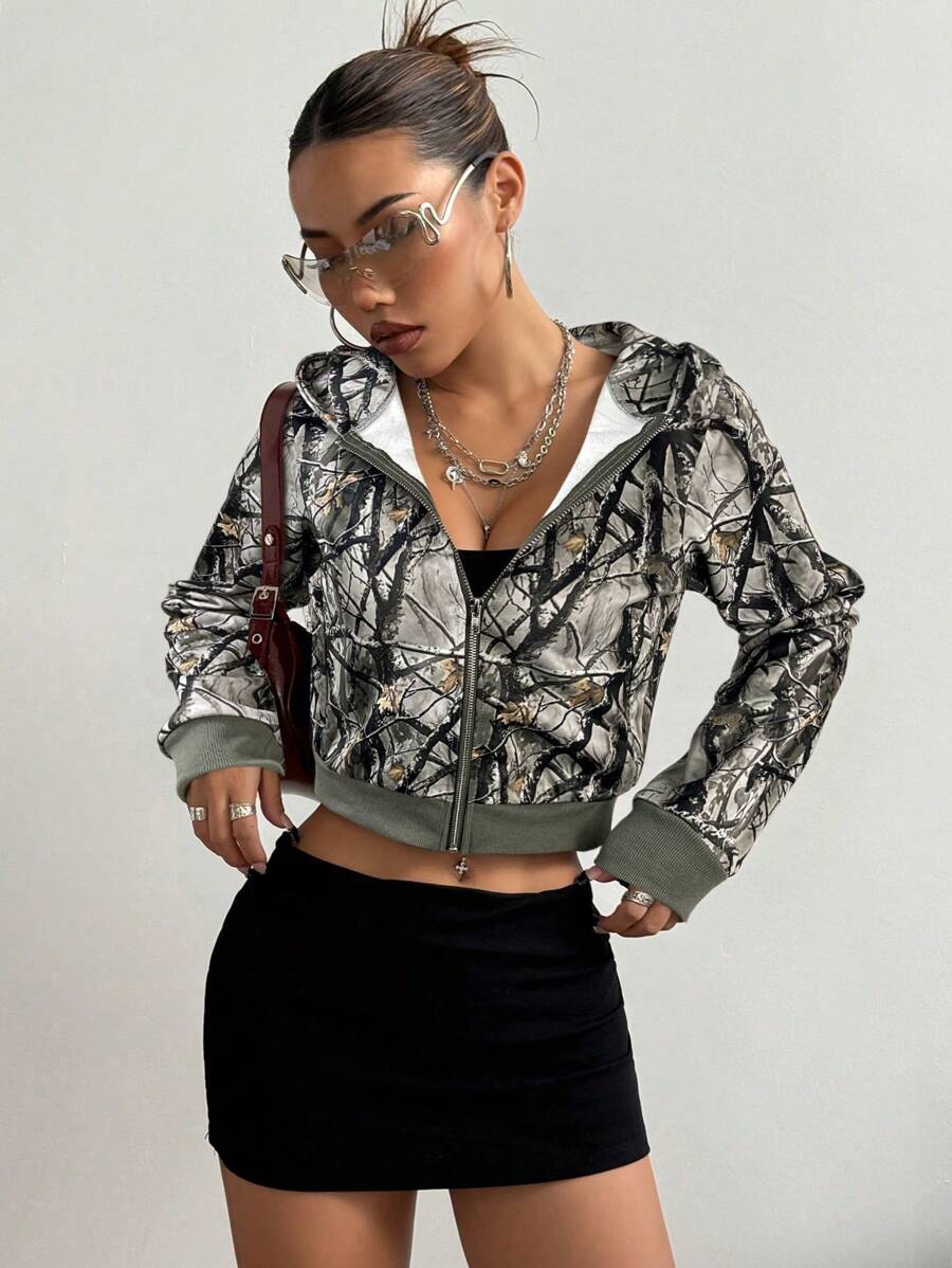 StreetHx Women Branch Print Hooded Long Sleeve Zip Front Sweatshirt Pullover Fall - Multicolor - View 1