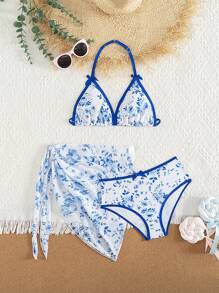 Tween Girls Blue Floral Bow Cute Vacation Bikini Set - Multicolor - View 1
