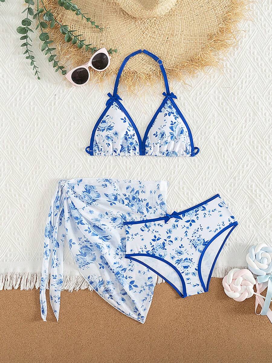 Tween Girls Blue Floral Bow Cute Vacation Bikini Set - Multicolor - View 1