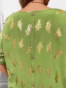 Flirla Damen Große Größen Boho Elegant Urlaub Rundhals Metall Muster Fledermausärmel Loose Sommer Shirt