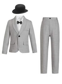 SHEIN 4 件套青少年男孩绅士服装套装：背心 + 西装外套 + 衬衫 + 裤子 + 领结，适合生日派对、婚礼、毕业典礼、周年纪念的正式西装 - 灰色 - 查看 4