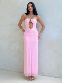 Aloruh Damen neues sexy Cut Out Bandeau figurbetontes langes Kleid für Valentinstag - Pink - Übersicht 7