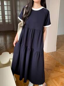 DAZY 女士宽松圆领中长连衣裙，春夏长款连衣裙 - 藏蓝色 - 查看 7