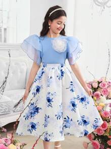 SHEIN Leap Crew Tween Girls 2pcs Set Layered Ruffle Sleeve Blouse & Floral Print Skirt - Blue and White - View 6