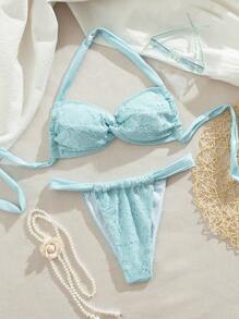 SHEIN Swim Elegant Minimalist Lace Crochet Fabric Solid Color Casual Outdoor Beach Resort Tie-Up Slim Fit Women Bikini 2 Pieces Swimwear, For Summer Vacation - Multicolor - View 6