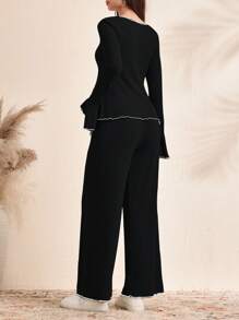 SHEIN 2pcs Maternity Bow Decor Flare Sleeve Blouse & Pants Sets - Black - View 2