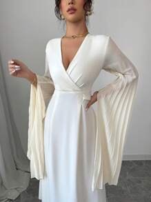 Modelyn Women's Woven Solid Color Splice Crossover Collar Long Sleeve Pleated Dress Fall Cloth For Women - Apricot - View 5