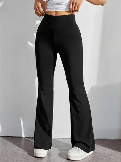 SHEIN PETITE Simple Solid Color Wrap High Waist Flared Pants Black Dress Pants Women