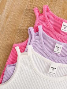 3-Piece Young Girl Solid Color Knit Crew Neck Form-Fitting Tank Top Set - Multicolor - View 4