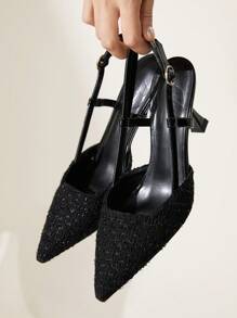 CUCCOO CHICEST Fashion Black Thick Tweed Backstrap Pointed Toe High Heel Pumps, Suitable For Commuting, Dates, Gatherings, Parties, Holidays, Weddings - Black - View 3