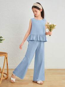 SHEIN Tween Girls Loose Casual Cap Sleeve Crew Neck Top And Pants 2 Pieces Set - Baby Blue - View 2