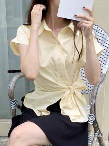 DAZY Women's Solid Color Loose Turndown Collar Short Sleeve Blouse, Yellow, Spring/Summer - Yellow - View 1