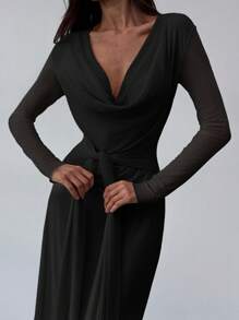 Aloruh 紧身低胸垂坠领长袖网眼杏色连衣裙，适合约会和场合的浪漫装扮