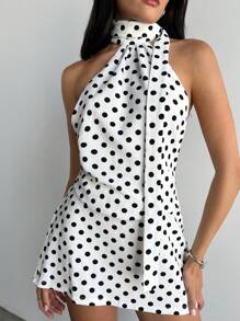 Aloruh 女士性感波尔卡圆点印花露背挂脖迷你连衣裙情人节露背连衣裙，夏季连衣裙春装，露背连衣裙 - 白色 - 查看 5