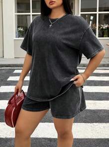 Comfortcana Conjunto de 2 piezas talla grande: Camiseta de manga corta y cuello redondo en negro y pantalones cortos, ropa de primavera-verano