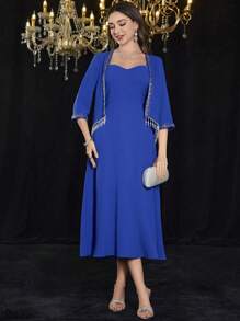 Modelyn Fringed Beaded Sash Cropped Top & Slip Dress, Solid Color - Blue - View 5