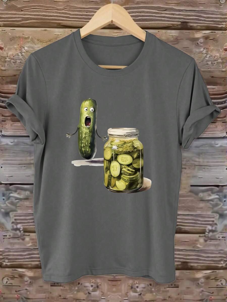 SHEIN Essnce Pickled Cucumber T-Shirt, Pickle Lovers Shirt, Cucumber Meme Shirt, Humorous Meme Shirt, Funny Vegetable Lovers Shirt, Unisex Shirt - Dark Grey - View 1