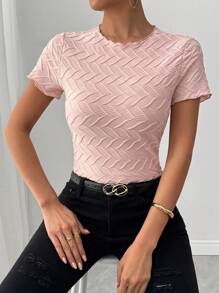SHEIN Clasi Elegant Textured Fabric Short Sleeve T-Shirt, Spring/Summer