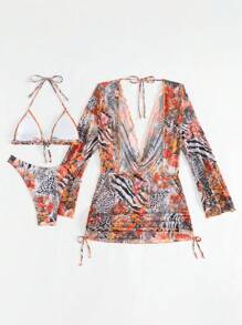 SHEIN Swim Tropical White Floral Print 3-Piece Swimwear Set With Beach Cover-Up Dress & Bikini Set,Summer,Casual,Pool Party,Vacation,Holiday For Beach - Multicolor - View 5