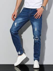 Manfinity Homme 大码男式破口袋休闲破洞牛仔裤 - 中等水洗藍 - 查看 7