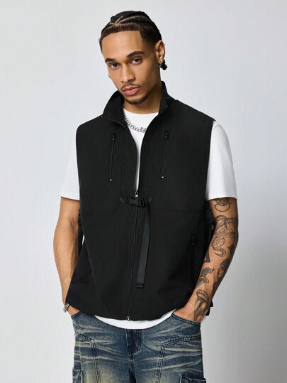 Street Life Men's Casual Solid Color Stand Collar Black Vest