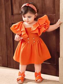Travachic KIDS Baby Mädchen Set mit rüschenbesetztem Saum bestehend aus orangefarbenem Kurzarm-Top und Rock, 2-teilig, Sommer - Orange - Übersicht 1