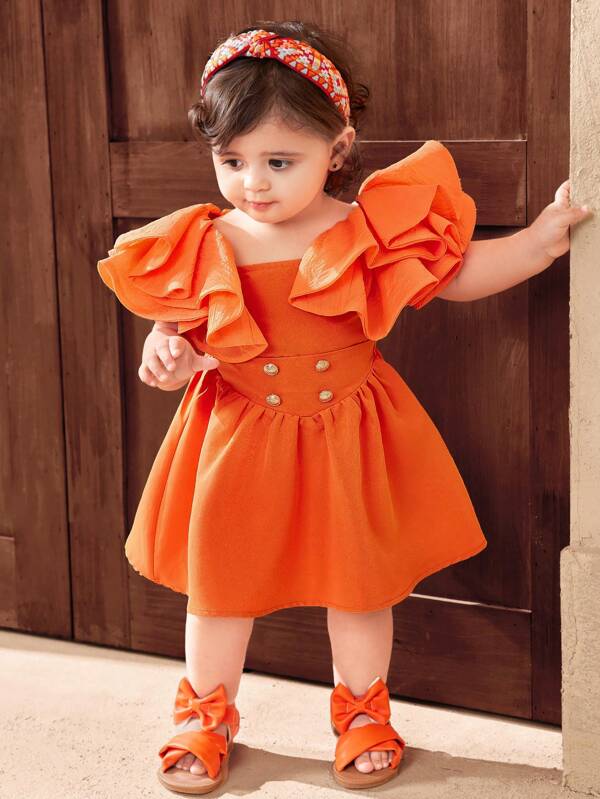 SHEIN Conjunto de 2 peças de blusa e saia laranja com babados e manga curta para bebê menina, verão