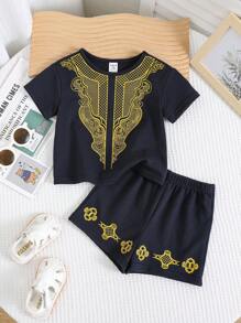 SHEIN 2pcs/Set Baby Boys Casual Traditional Pattern Round Neck Short Sleeve Top & Pants & Hat Set, Suitable For Spring/Summer Home, Outing, Party Wear - Royal Blue - View 3