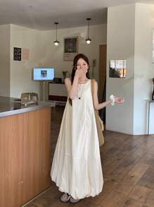 DAZY Women's Round Neck Casual Solid Color Sleeveless Puff Floral Tie Waist Loose Fitting Long Dress Sundress