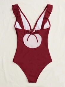 Swim Chiccia 1pc Solid Color Ruffled One-Piece Swimsuit, Summer Beach Vacation One-Piece Bathing Suit - Burgundy - View 2