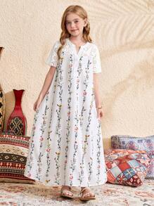 SHEIN Vestido informal suelto de niña preadolescente con estampado floral en patchwork, cuello en V, manga corta y silueta evasé - Blanco - Ver 3