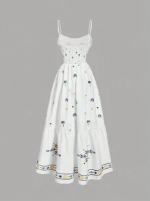 SHEIN MOD 女式休闲热带印花修身吊带收腰喇叭下摆细肩带连衣裙，波西米亚风，浪漫，春季，节日，热带，优雅，度假，飘逸，茶会，端庄，花卉服装女装 - 白色 - 查看 2