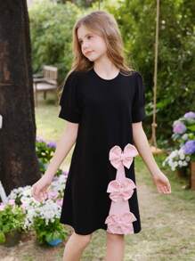 SHEIN Tween Girls' Knitted 3D Bow Puff Sleeve A-Line Dress, Sweet Elegant Style - Black - View 7