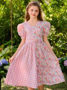 SHEIN Tween Girl Checkered Floral Print Cute Short Puff Sleeve Dress - Pink - View 1