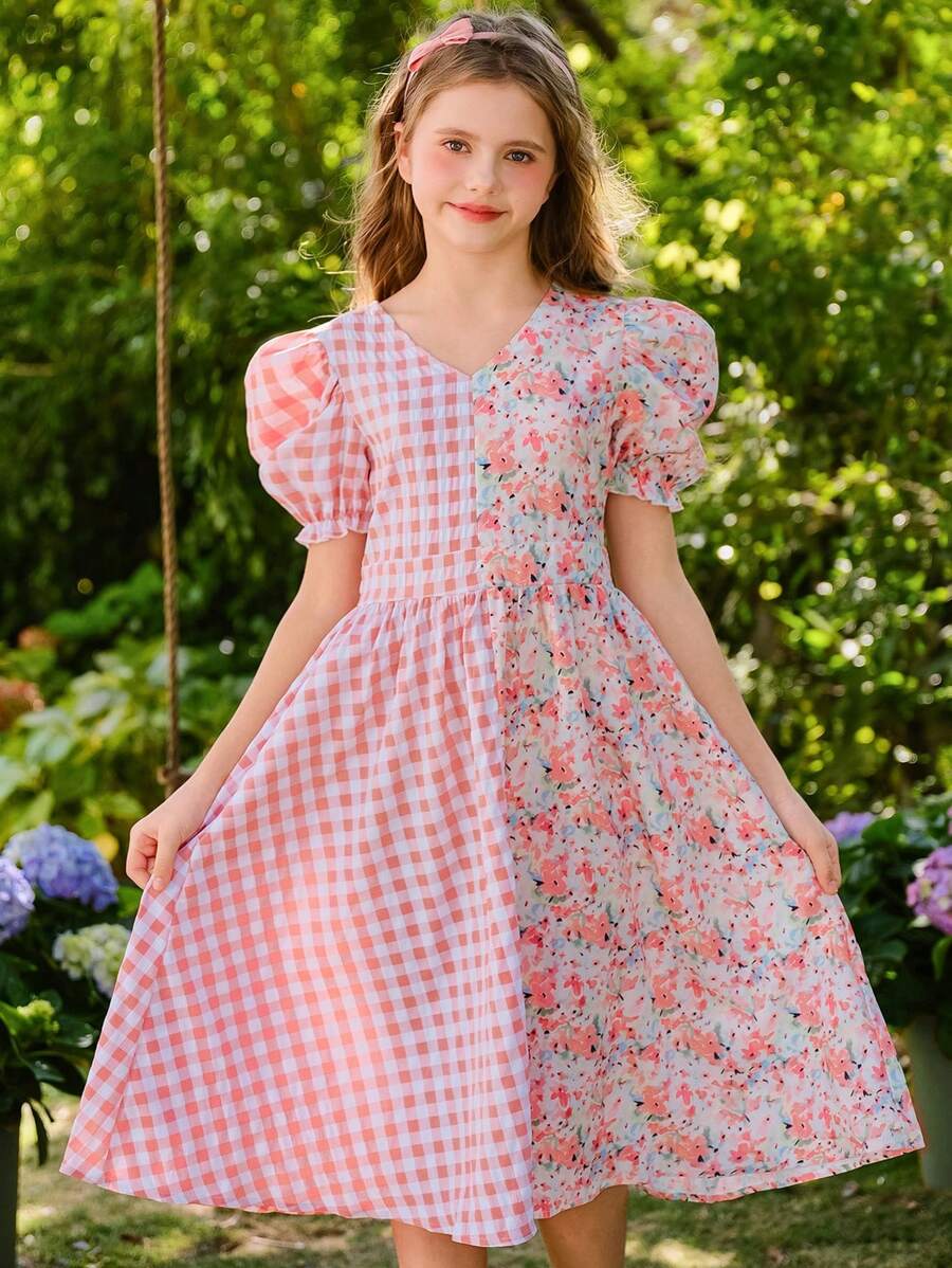 SHEIN Tween Girl Checkered Floral Print Cute Short Puff Sleeve Dress - Pink - View 1