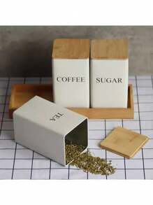 SHEIN Set de 3 botes cuadrados de metal con tapas de madera/hierro - Té, azúcar, café