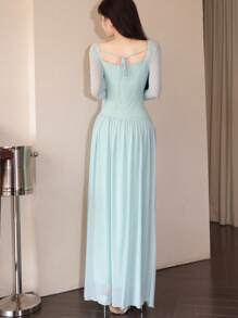 Modelyn Women's Mesh Tie-Up Flared Long Sleeve Asymmetrical Ruffle Elegant Date Night Dress Fall Cloth For Women - Mint Green - View 2