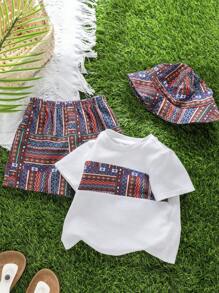SHEIN Bộ 2 món áo thun cổ tròn màu tương phản thường ngày cho bé trai, quần short và mũ, trang phục 3 món, thích hợp cho mùa xuân hè, mặc ở nhà và ngoài trời, mặc khi đi du lịch và ngày lễ - Đỏ - Xem 4