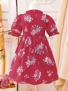 SHEIN 女婴新品可爱碎花 3/4 袖宽松腰连衣裙，酒红色，日常穿着母女套装（3 件单独出售） - 酒紅色 - 查看 2