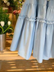 LMoss Kids Gaun Longgar Berenda Kontras Warna Tenun untuk Anak Perempuan LMoss, Cocok untuk Musim Semi dan Musim Panas - Dusty Blue - View 5