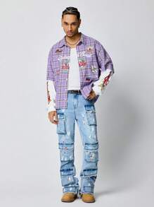 ROMWE MEN Prep 男式前扣格子拼接长袖休闲衬衫