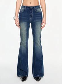 ROMWE Grunge Punk Jeans acampanados de tiro bajo y recortados con diseño de bolsillo bordado con cruz y alas, estilo vintage Y2K para mujeres