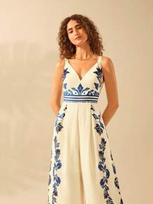 CAJUNI Women's Vintage Vacation Casual Boho Blue Floral Print Strap Wide Leg Jumpsuit