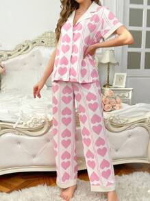 Women's Pink Heart Print Contrast Color Lapel Short Sleeve Top And Pants Pajama Set - Multicolor - View 5