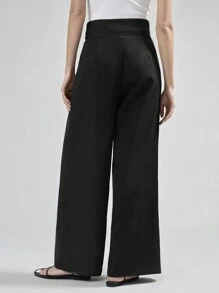 Ontre 2025 女式高腰金属扣细节宽松阔腿裤，简约设计，城市通勤风格