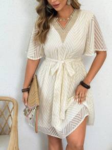 Flirla Plus Size Women Fashionable Elegant Vacation Style V-Neck Short Sleeve Spring/Summer Short Tie Front Mini Dress - Multicolor - View 1