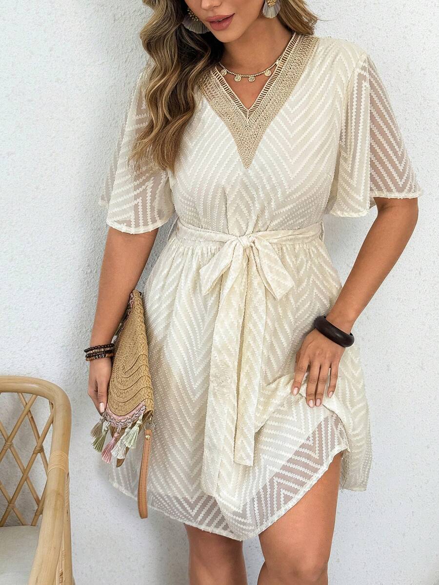 Flirla Plus Size Women Fashionable Elegant Vacation Style V-Neck Short Sleeve Spring/Summer Short Tie Front Mini Dress - Multicolor - View 1